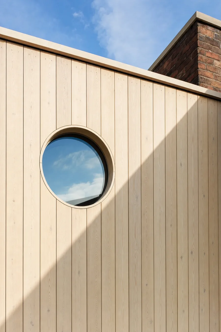 Bardage en bois vertical sur une extension, lumière rasante