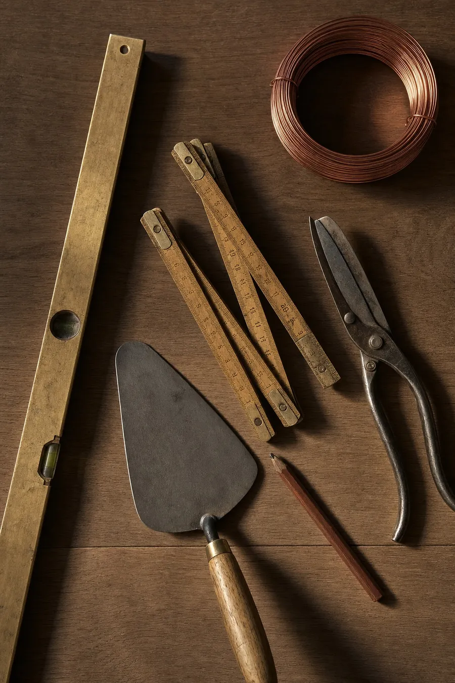 Outils d'artisan posés sur du chêne huilé : truelle, niveau, mètre pliant, cisaille à zinc
