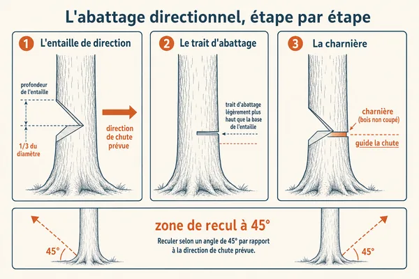 Infographie : l'abattage directionnel étape par étape, entaille de direction, trait d'abattage, charnière et zone de recul à 45 degrés
