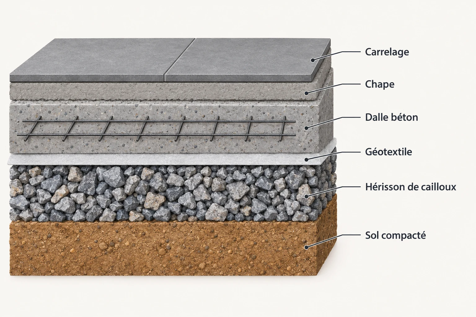 Coupe technique d'une terrasse carrelée : sol compacté, hérisson de cailloux, géotextile, dalle béton, chape, carrelage