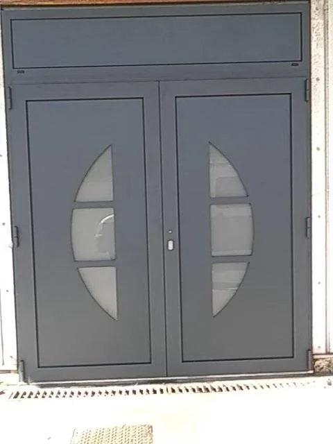 Porte d'entrée aluminium — Menuiserie gris anthracite à hublots, posée en rénovation.